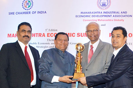 Dr. Raghunath Mashelkar, President of Global Research Alliance & Former Director General of Council of Scientific & Industrial Research (CSIR) presenting PRIDE OF MAHARASHTRA AWARD 2018 for BEST COMPANY OF THE YEAR (Manufacturing - Plastics) to Al-Aziz Plastics Pvt. Ltd., Mumbai. Award received by Mr. Uday Adhikari, Managing Director and Mr. Sagar Adhikari, Director, Al-Aziz Plastics Pvt. Ltd. Shri. Chandrakant Salunkhe, Founder & President, Maharashtra Industry Development Association and SME Chamber of India were present
